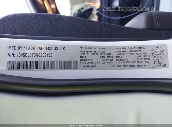 1C4SDJCT3NC202152 2022 DODGE DURANGO White Շարժիչի բաժամունքի տեսք