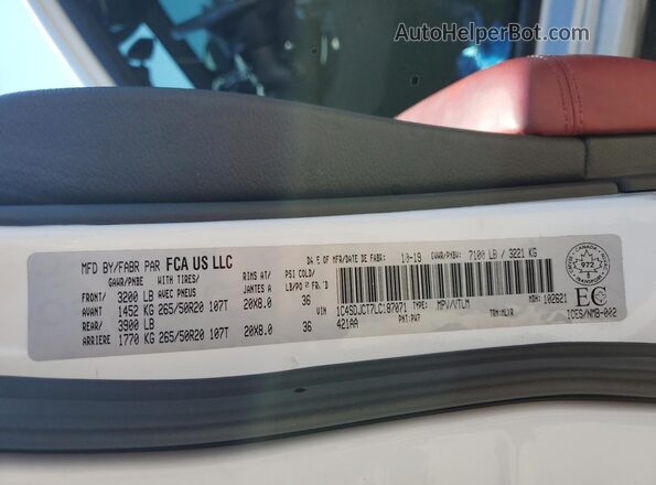 1C4SDJCT7LC187071 2020 DODGE DURANGO White VIN sticker view