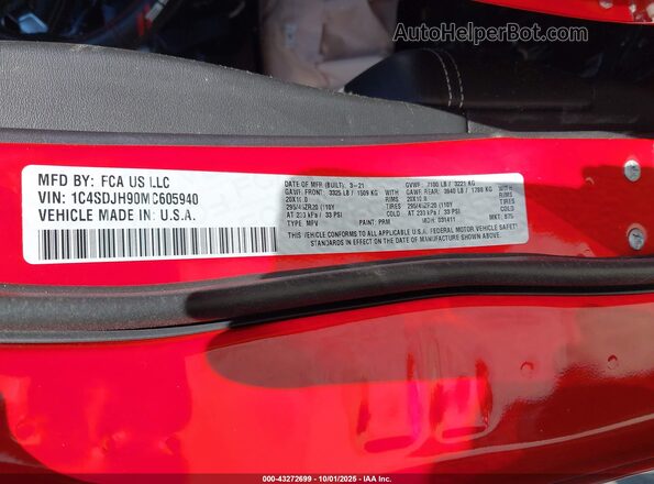 1C4SDJH90MC605940 2021 DODGE DURANGO Red Вид підкапотного простору