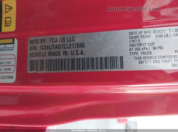 1C6HJTAG1LL217046 2020 JEEP GLADIATOR Красный 