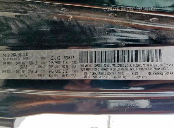 1C6HJTAG2LL137707 2020 JEEP GLADIATOR Black Vista de la etiqueta del VIN