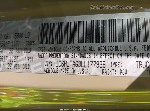 1C6HJTAG3LL177939 2020 JEEP GLADIATOR Green Вид підкапотного простору