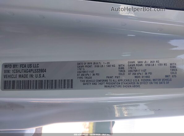 1C6HJTAG4PL533904 2023 JEEP GLADIATOR White ძრავის განყოფილების ხედი