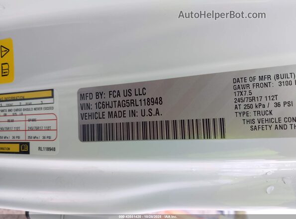 1C6HJTAG5RL118948 2024 JEEP GLADIATOR White ძრავის განყოფილების ხედი