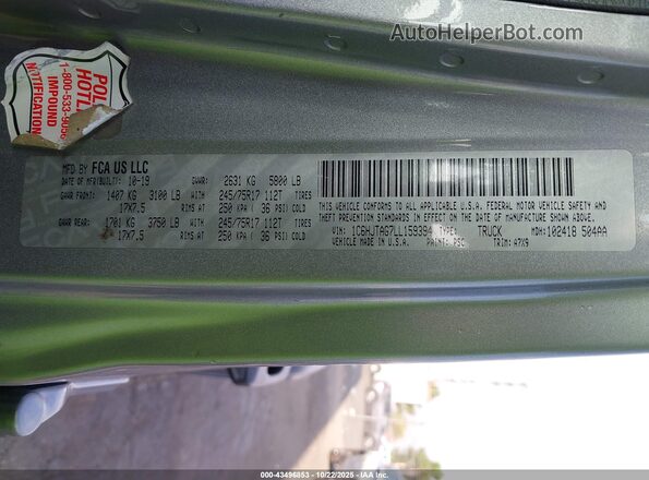 1C6HJTAG7LL159394 2020 JEEP GLADIATOR Gray Vista del compartimento del motor