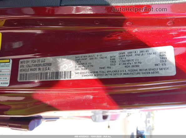 1C6JJTAM8ML603908 2021 JEEP GLADIATOR Maroon Vista del compartimento del motor