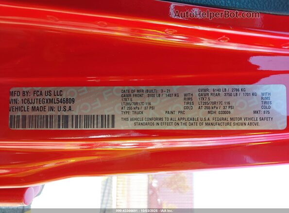 1C6JJTEGXML546809 2021 JEEP GLADIATOR Red 