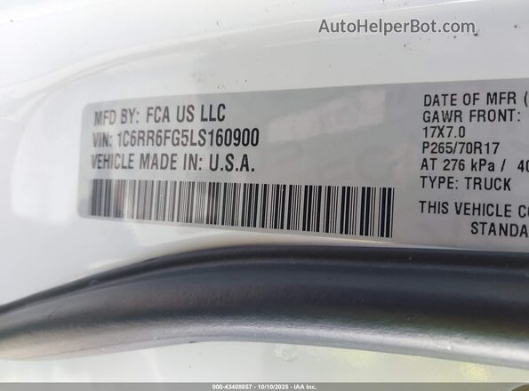 1C6RR6FG5LS160900 2020 RAM 1500 CLASSIC White Vista del compartimento del motor