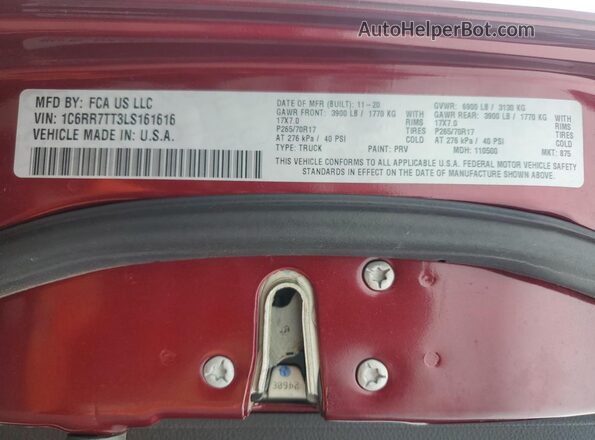 1C6RR7TT3LS161616 2020 RAM 1500 Maroon ძრავის განყოფილების ხედი