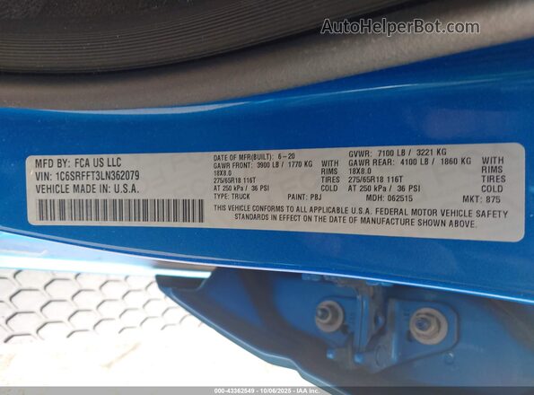 1C6SRFFT3LN362079 2020 RAM 1500 Blue ძრავის განყოფილების ხედი