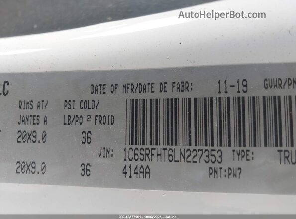 1C6SRFHT6LN227353 2020 RAM 1500 White ძრავის განყოფილების ხედი