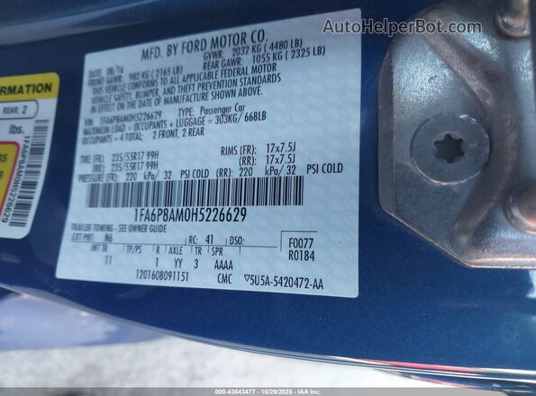 1FA6P8AM0H5226629 2017 FORD MUSTANG Blue Widok komory silnika