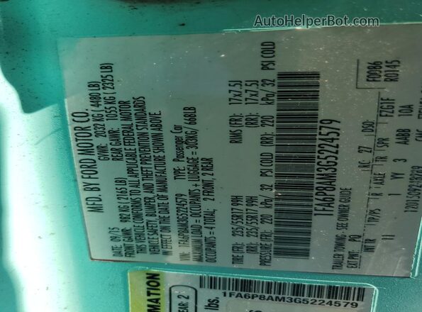 1FA6P8AM3G5224579 2016 FORD MUSTANG Turquoise Vista de la etiqueta del VIN