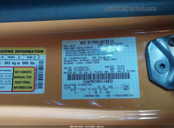 1FA6P8CF0N5116822 2022 FORD MUSTANG Желтый Вид подкапотного пространства