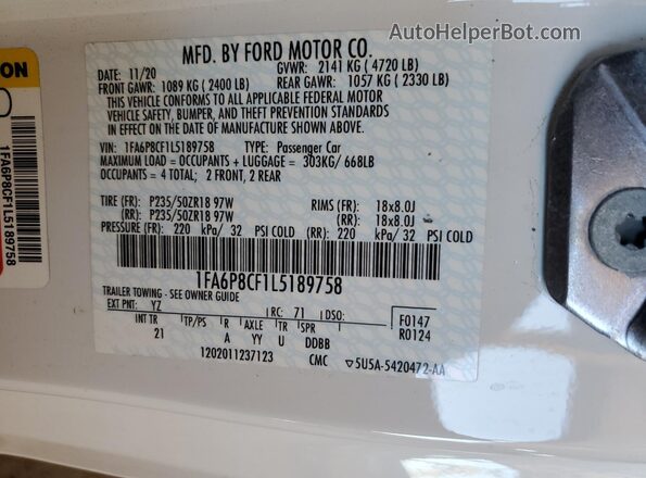 1FA6P8CF1L5189758 2020 FORD MUSTANG White VIN կոդի պիտակի տեսք
