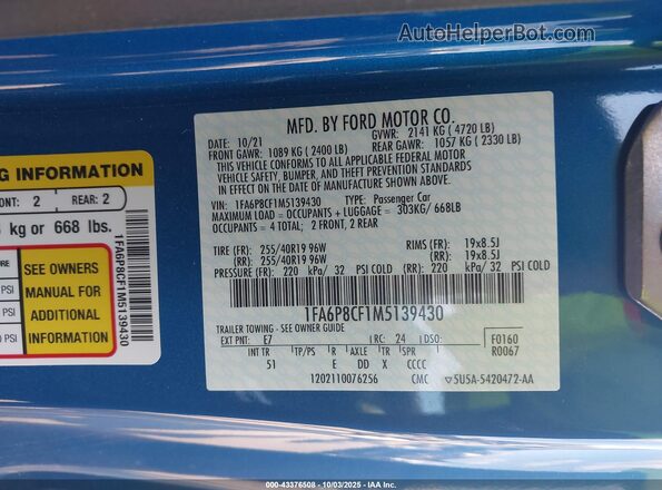 1FA6P8CF1M5139430 2021 FORD MUSTANG Blue Հետևի նստատեղերի տեսք