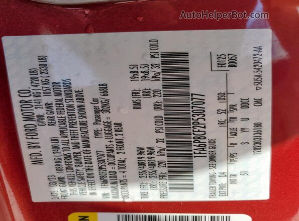 1FA6P8CF2P5307077 2023 FORD MUSTANG Red VIN կոդի պիտակի տեսք