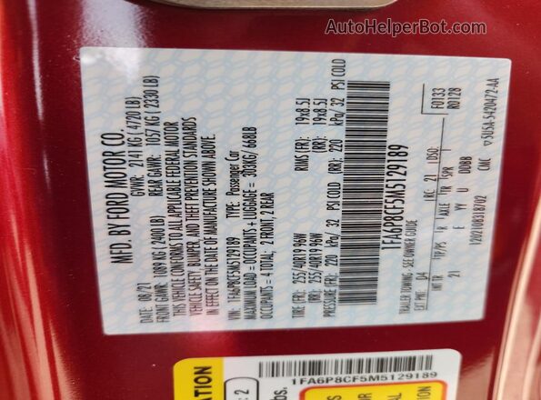 1FA6P8CF5M5129189 2021 FORD MUSTANG Red Widok naklejki z numerem VIN