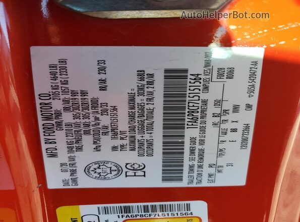 1FA6P8CF7L5151564 2020 FORD MUSTANG Red Շարժիչի բաժամունքի տեսք