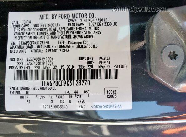 1FA6P8CF9K5128270 2019 FORD MUSTANG Черный Вид наклейки с VIN-кодом