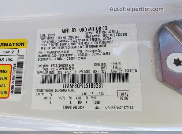 1FA6P8CF9L5189281 2020 FORD MUSTANG White ძრავის განყოფილების ხედი