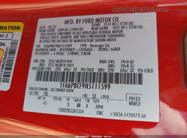 1FA6P8CF9N5111599 2022 FORD MUSTANG Red Вид підкапотного простору