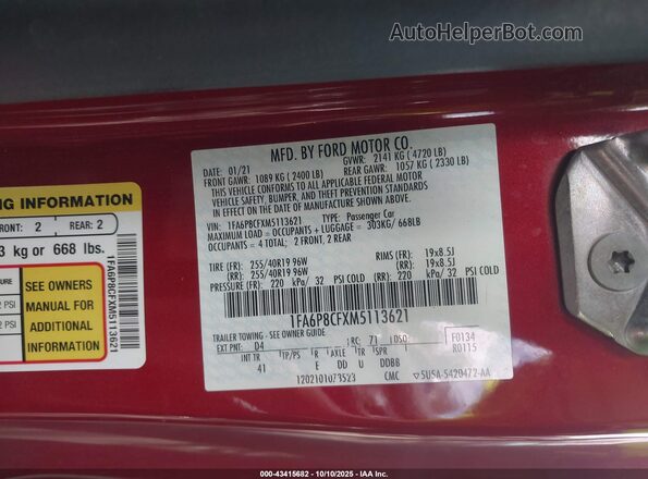 1FA6P8CFXM5113621 2021 FORD MUSTANG Бордовый Вид подкапотного пространства