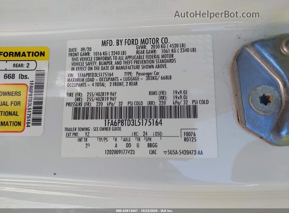 1FA6P8TD3L5175164 2020 FORD MUSTANG White Вид підкапотного простору