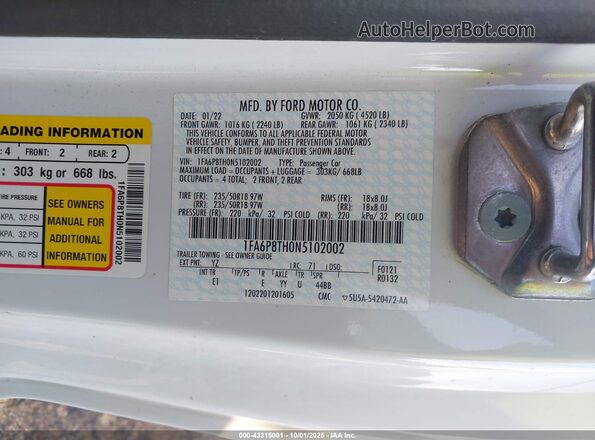 1FA6P8TH0N5102002 2022 FORD MUSTANG Белый Вид подкапотного пространства