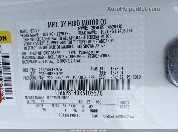1FA6P8TH0R5105570 2024 FORD MUSTANG White Շարժիչի բաժամունքի տեսք