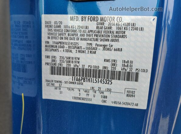 1FA6P8TH1L5145325 2020 FORD MUSTANG Blue VIN կոդի պիտակի տեսք