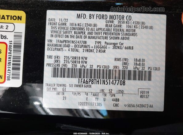 1FA6P8TH1N5147708 2022 FORD MUSTANG Черный Вид подкапотного пространства