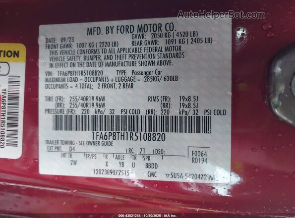 1FA6P8TH1R5108820 2024 FORD MUSTANG Red Engine compartment view
