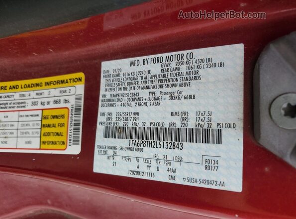 1FA6P8TH2L5132843 2020 FORD MUSTANG Red Շարժիչի բաժամունքի տեսք
