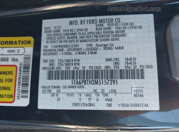 1FA6P8TH2M5157291 2021 FORD MUSTANG Черный 