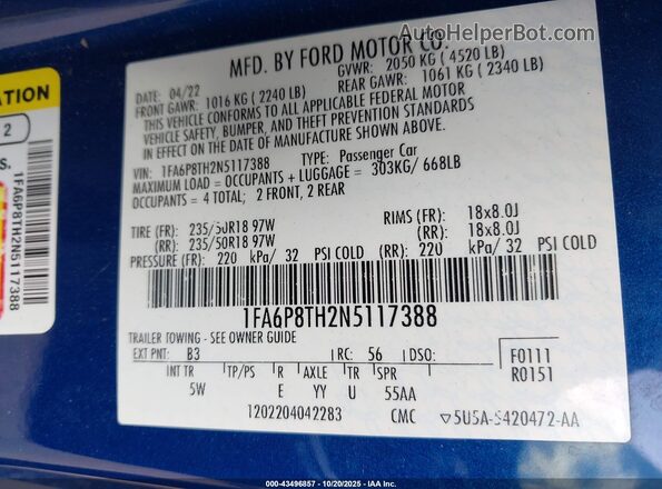 1FA6P8TH2N5117388 2022 FORD MUSTANG Синий Вид подкапотного пространства
