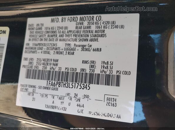 1FA6P8TH3L5175345 2020 FORD MUSTANG Black Vista del compartimento del motor
