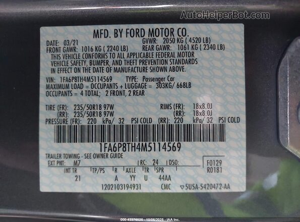 1FA6P8TH4M5114569 2021 FORD MUSTANG Gray Engine compartment view