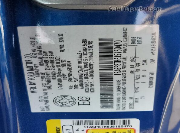 1FA6P8TH6J5150470 2018 FORD MUSTANG Blue Вид наклейки з VIN-кодом