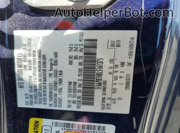 1FA6P8TH8L5161375 2020 FORD MUSTANG Blue ძრავის განყოფილების ხედი