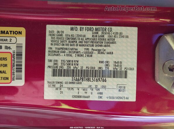 1FA6P8TH8L5169766 2020 FORD MUSTANG Red ძრავის განყოფილების ხედი
