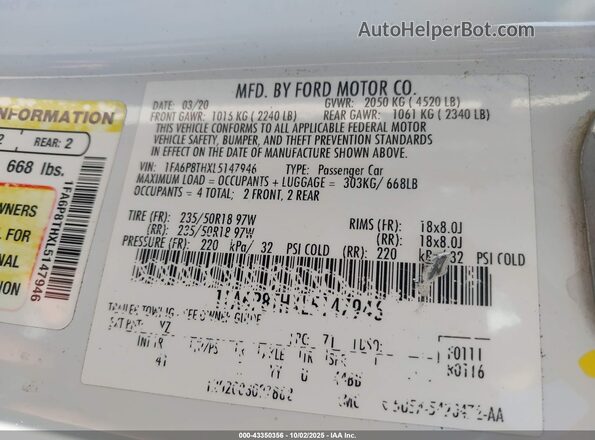 1FA6P8THXL5147946 2020 FORD MUSTANG White Widok komory silnika