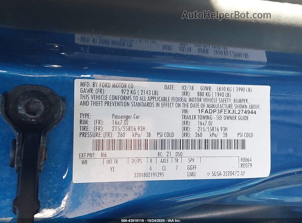 1FADP3FEXJL274944 2018 FORD FOCUS Blue 