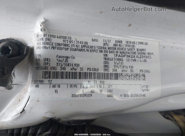 1FADP3K2XJL231913 2018 FORD FOCUS White Вид підкапотного простору
