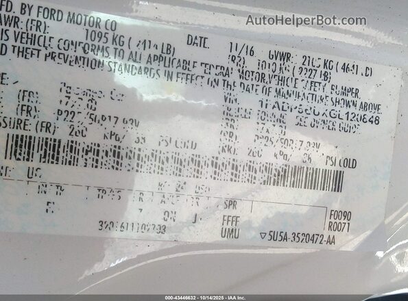 1FADP5BUXGL120848 2016 FORD C-MAX HYBRID White Вид підкапотного простору