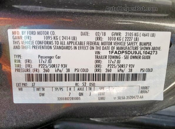 1FADP5DU9JL104273 2018 FORD C-MAX Gray Widok naklejki z numerem VIN