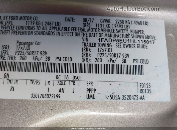 1FADP5EU1HL115017 2017 FORD C-MAX ENERGI Желто-коричневый Вид подкапотного пространства