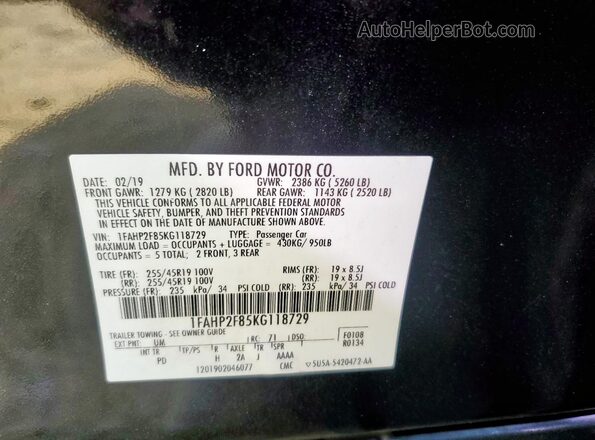 1FAHP2F85KG118729 2019 FORD TAURUS Black VIN კოდის სტიკერის ხედი