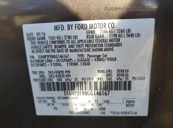 1FAHP2F98GG146167 2016 FORD TAURUS Brown Вид наклейки з VIN-кодом