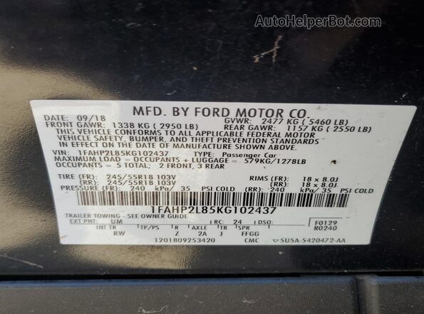 1FAHP2L85KG102437 2019 FORD TAURUS Two Tone Widok naklejki z numerem VIN